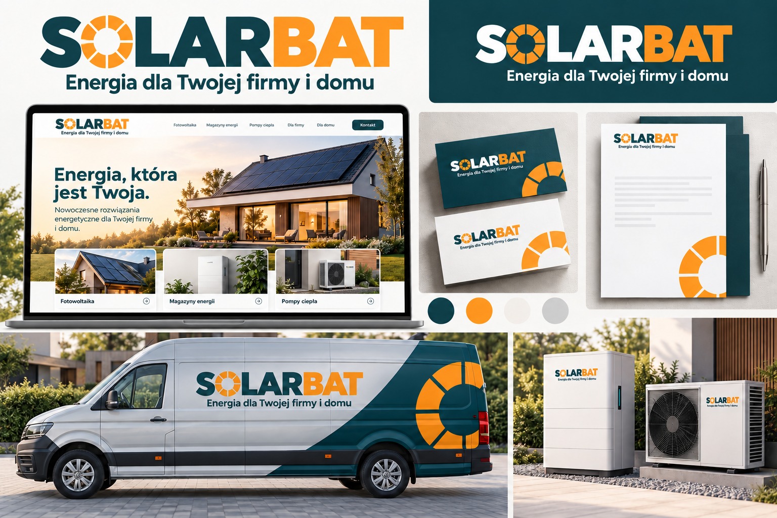 Koncepcja identyfikacji Solarbat: logo, strona, materiały firmowe, szary Crafter i urządzenia