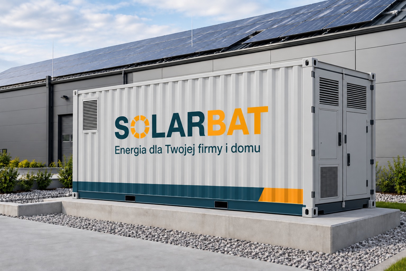 Kontenerowy magazyn energii w oznakowaniu Solarbat — wizualizacja