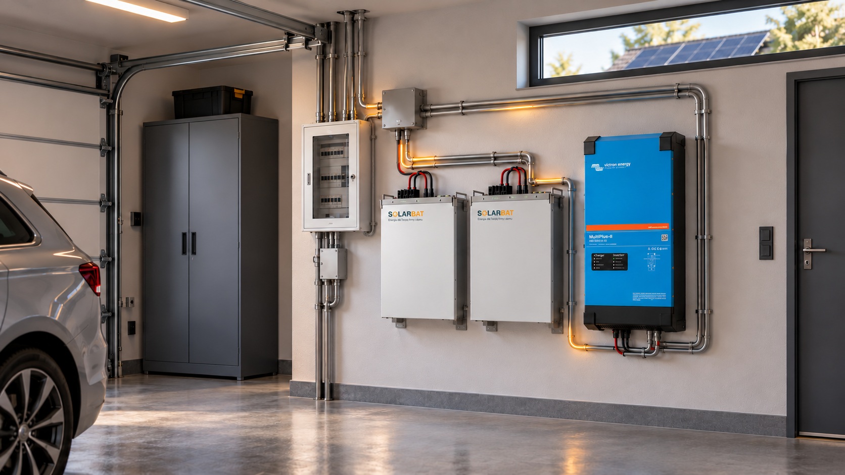 Domowy zestaw Solarbat: dwa ścienne moduły magazynu energii wraz z falownikiem i rozdzielnicą w garażu
