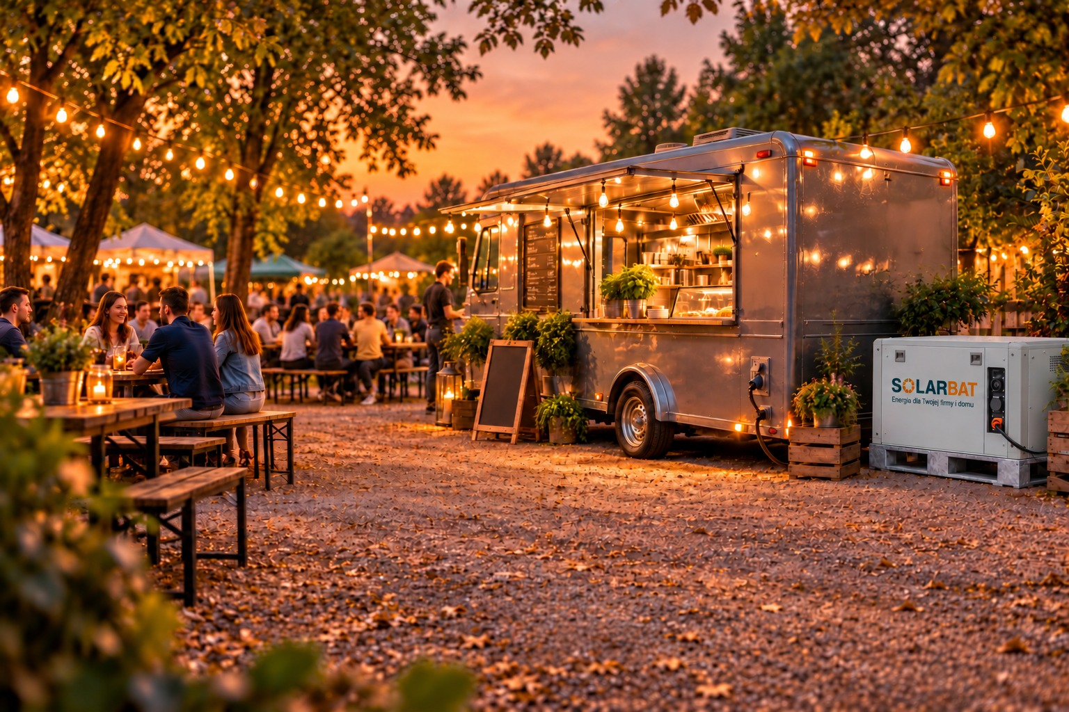 Jasnoszary moduł Solarbat dyskretnie ustawiony przy foodtrucku podczas wydarzenia plenerowego