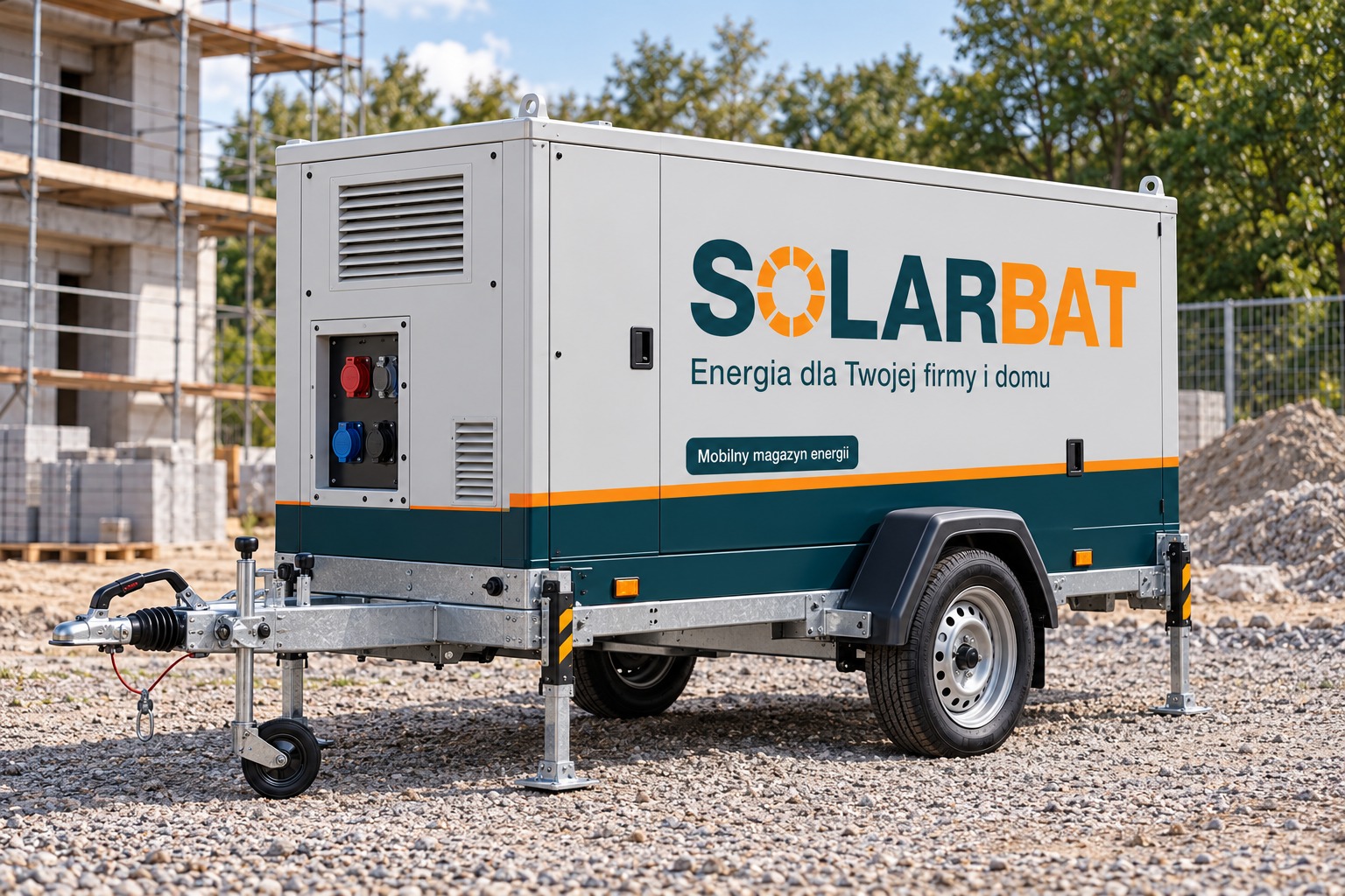 Wizualizacja mobilnego magazynu energii na małej przyczepie z logo Solarbat i hasłem marki